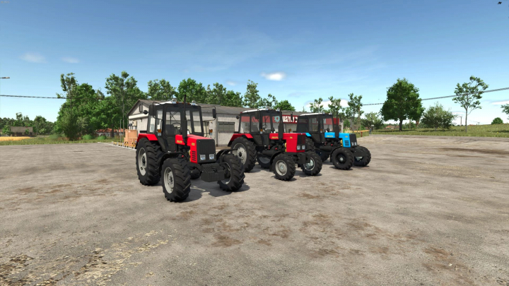 fs25-mods,  Three realistic FS25 mods tractors from the MTZ Belarus 800-1000 Series Pack Beta 3 v1.0.0.0 for Farming Simulator 25, displayed on a farmyard.