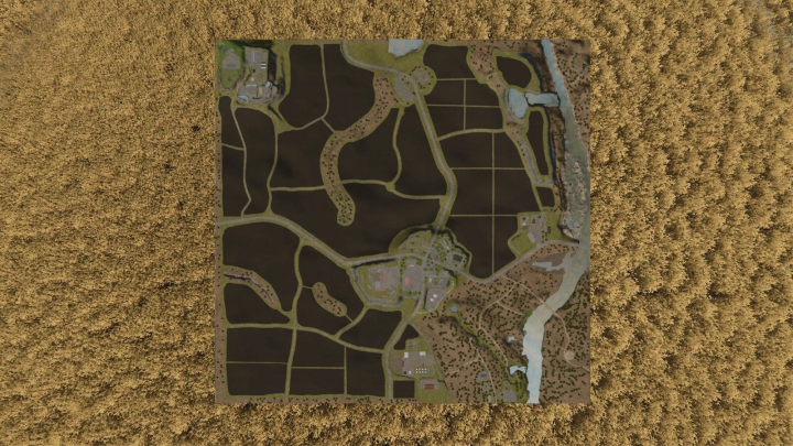 fs25-mods,  A detailed map of Maizy Lou Farms from Farming Simulator 25 mods, showing fields, roads, water bodies, and farm buildings.
