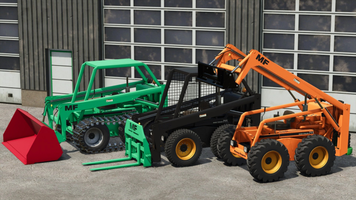 fs25-mods,  Farming Simulator 25 mod: Massey Ferguson 711 skid steer with green and orange attachments, detailed and realistic.