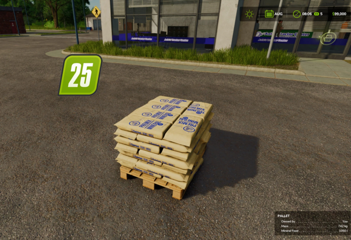 fs25-mods, Stack of Masterfeeds Feed Mineral Pallets in Farming Simulator 25, ready for use in farming operations, part of FS25 mods.