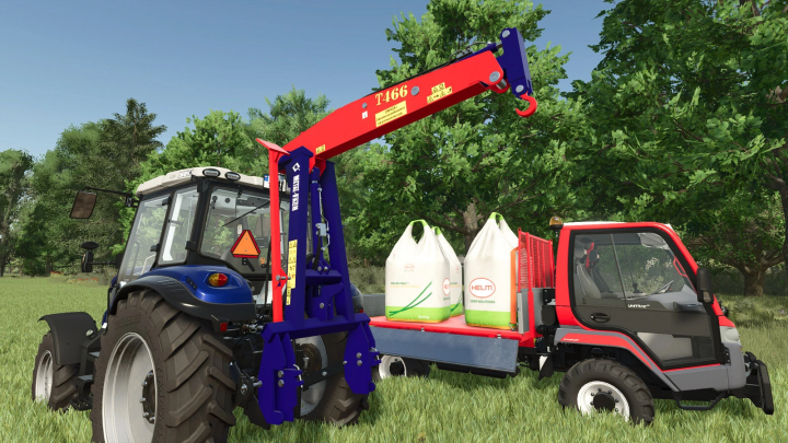 fs25-mods, Farming Simulator 25 mod: tractor with a mounted T466 crane and bags of Helm crop solutions for farming tasks.
