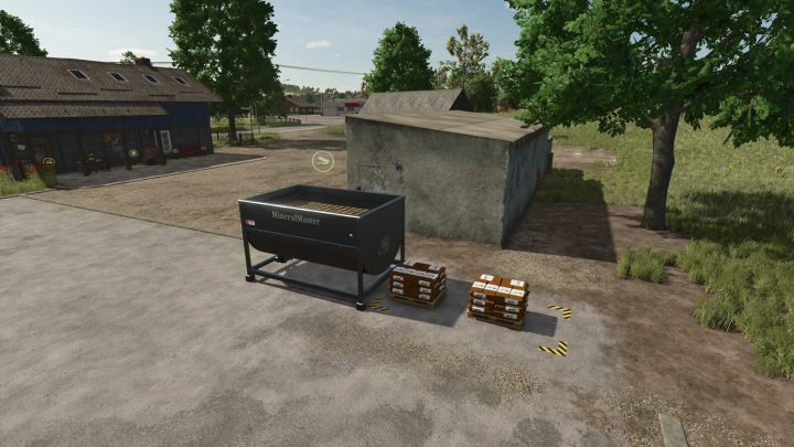 fs25-mods,  Farming Simulator 25 mod - Mineralfeed Production v1.0.0.0 with mineral feed machine and bags stacked nearby, outdoor farm setting.