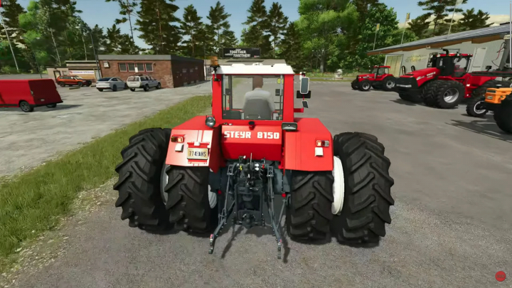 fs25-mods,  Farming Simulator 25 mod: Red Steyr 8150 tractor with large tires, viewing from the rear in a mod lot, part of FS25 mods collection.