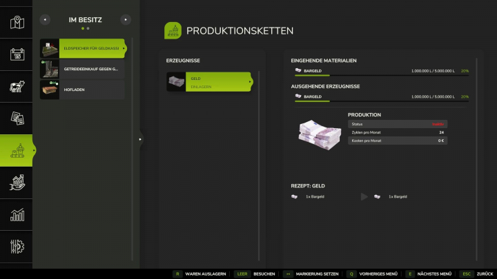 fs25-mods, Farming Simulator 25 mod interface showing money production chain with cash storage and production status.