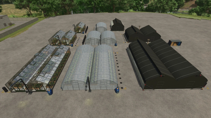 fs25-mods,  Farming Simulator 25 mods: Greenhouse modules including glass and black-covered greenhouses for crop cultivation.