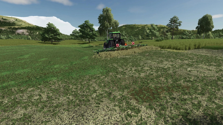 fs25-mods,  Farming Simulator 25 mod: tractor with MultiFruit AI Tedder v1.0.0.0 working on a field, customizing crop harvesting.