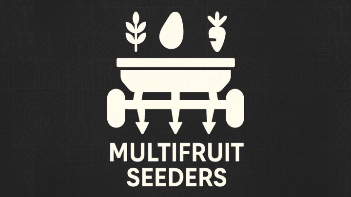 fs25-mods,  Logo of Multifruit Seeders mod for Farming Simulator 25, featuring icons of wheat, a seed, and a carrot above a multi-seed planter.