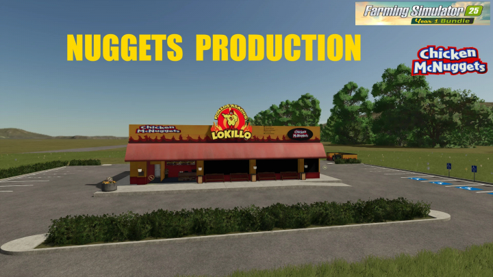 fs25-mods,  Farming Simulator 25 mod showcase: Nugget production building with Chicken McNuggets branding and parking lot.