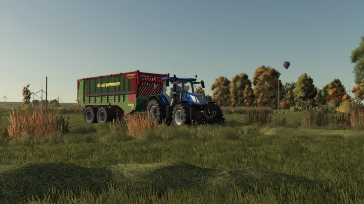 fs25-mods,  Farming Simulator 25 mod: New Holland T7 LWB PLMI tractor with trailer in a countryside field.