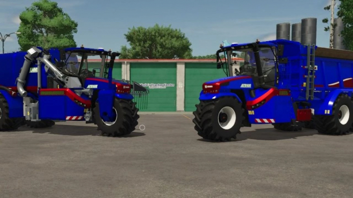 fs25-mods,  Farming Simulator 25 mods: Two blue Oxbo AT5105 harvesters with large tires and detailed design parked outdoors.