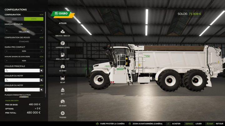 fs25-mods,  Farming Simulator 25 mod image featuring the OXBO AT5105 Edit v1.0.0.2, with detailed specifications and customization options displayed.
