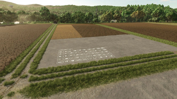 fs25-mods,  Farming Simulator 25 mod: Parking markings Beta 2 v1.0.0.0 on a farm field with icon guide, natural landscape background.