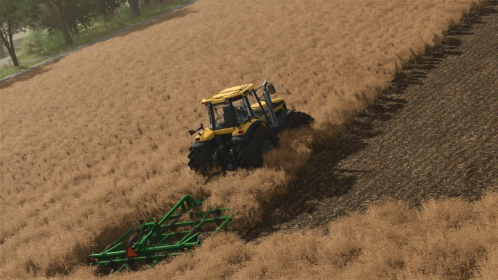 fs25-mods, Farming Simulator 25 mod featuring a yellow tractor with a green plow attachment working in a wheat field, showcasing PlayerCam v1.0.0.0.