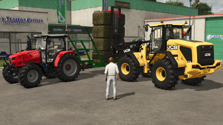 fs25-mods,  Farming Simulator 25 mods: two tractors, one red and one yellow, with a farmer standing in front of the equipment, including a stack of hay bales.
