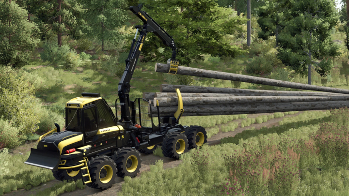 fs25-mods, Farming Simulator 25 mod: Ponsse Forwarder Pack v1.0.0.1 with logging machinery harvesting logs in a forest scene.