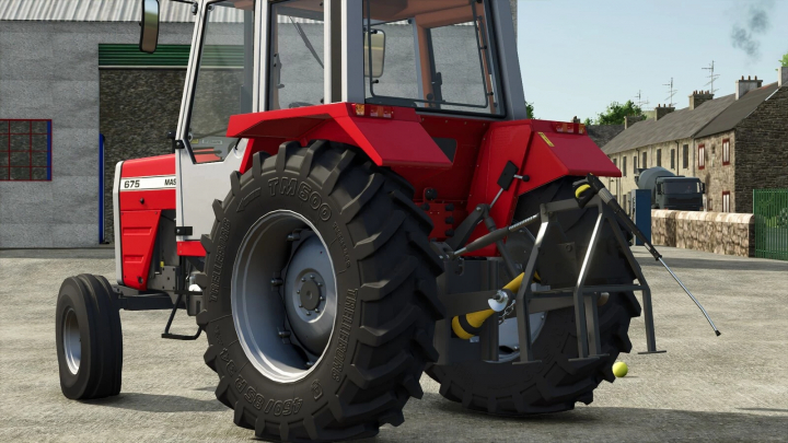 fs25-mods, Farming Simulator 25 mod: red tractor with large tires and Pto Power Washer attachment for cleaning equipment.
