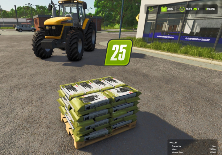 fs25-mods, Farming Simulator 25 mod: Pack of mineral feed labeled 'Cattle Mineral' on a pallet, with a tractor nearby in the game environment.