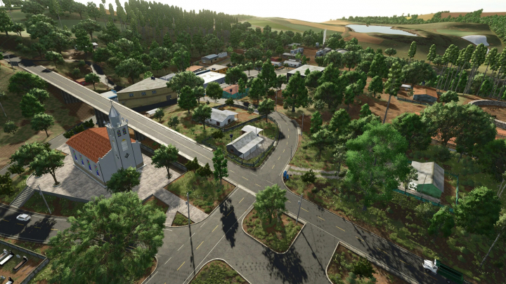 fs25-mods, A colorful virtual landscape from Farming Simulator 25 with trees, roads, a church, and farmland, showcasing the Rancho Fundo v1.1.0.0 mod.