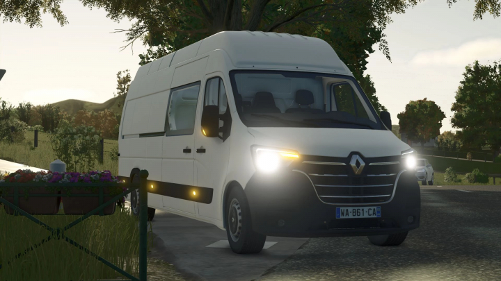 fs25-mods, Farming Simulator 25 mod: White Renault Master L4H3 van with headlights on parked in a rural area.