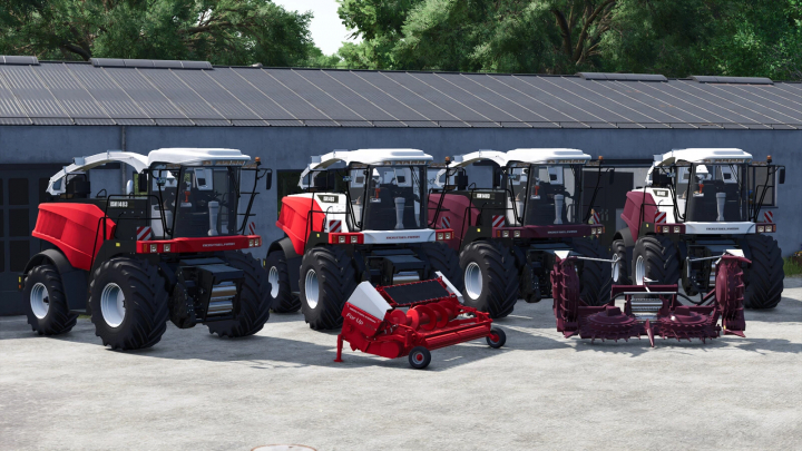 fs25-mods,  Four Rostselmash 1403 Pack mod tractors with equipment for Farming Simulator 25, parked outside a farm building.