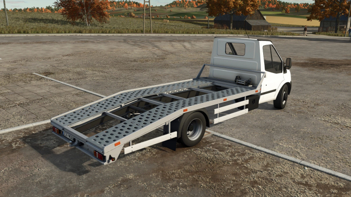 fs25-mods, Farming Simulator 25 mod: Rumbler Tow Car v1.0.0.0, a compact white tow truck with a flatbed for hauling vehicles in the game.