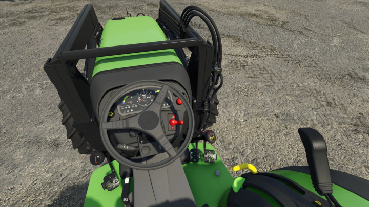 fs25-mods,  Farming Simulator 25 mod featuring a green tractor dashboard with steering wheel, pedals, and hydraulic controls from the SDF Vineyard Pack.