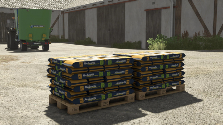 fs25-mods,  Stack of Profamilk mineral feed bags on pallets in Farming Simulator 25, showcasing FS25 mods.
