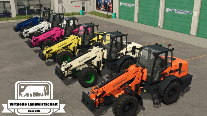 fs25-mods, Row of colorful Schäffer loaders in Farming Simulator 25, showcasing FS25 mods for virtual farming equipment.
