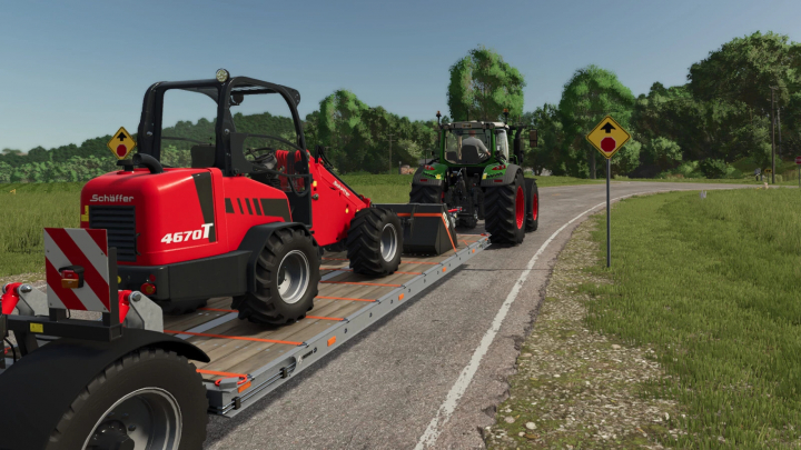 fs25-mods,  Farming Simulator 25 mod showing Schäffer 4670T on a flatbed trailer, pulled by a tractor on a country road, with road signs and green landscape.