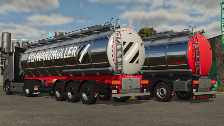 fs25-mods,  Farming Simulator 25 mod: Schwarzmüller Food Tank v1.0.0.0 with shiny metallic finish and black and red branding, realistic agricultural equipment.