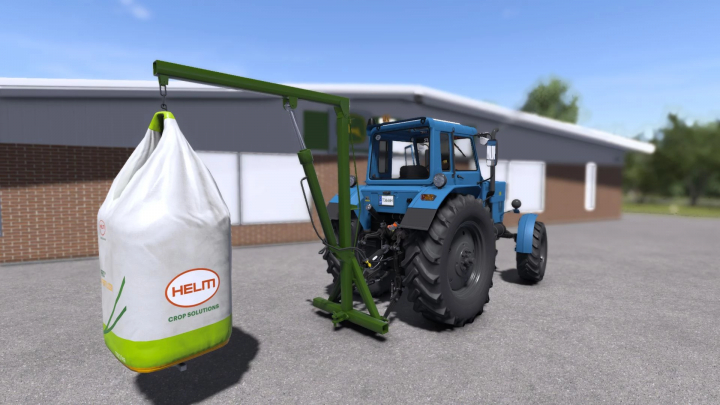 fs25-mods, Farming Simulator 25 mod image showing a blue tractor with a green self-made big bags loader for crop storage.