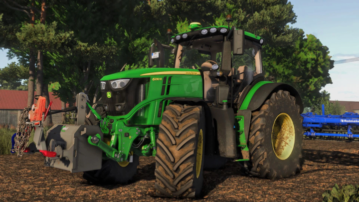 fs25-mods,  Farming Simulator 25 mod: Green John Deere 6230R tractor with attached farming equipment, realistic farm environment.