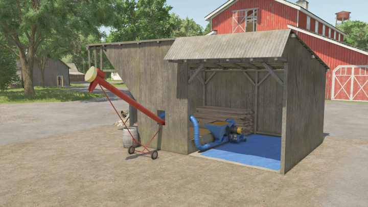 fs25-mods, Farming Simulator 25 mod: Silo Shed v1.0.0.0 with grain handling equipment and storage setup.
