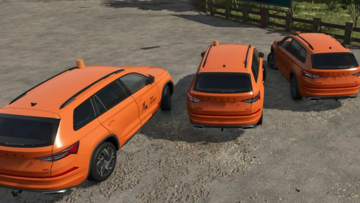fs25-mods, Three orange Skoda Kodiaq vehicles from FS25 mods at The Construction Yard, used in Farming Simulator 25.