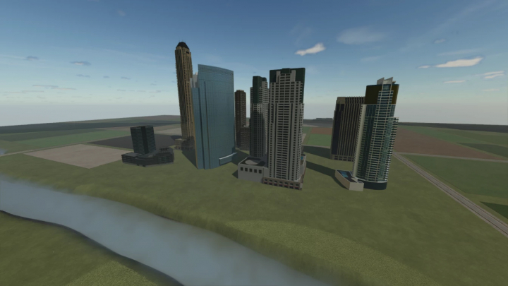 fs25-mods,  Farming Simulator 25 mod showcasing a skyscraper-packed city skyline with tall buildings, part of the Skyscraper Pack v1.0.0.0 for FS25.