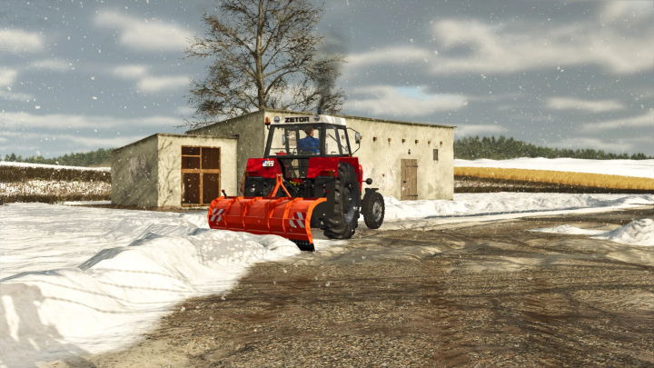 fs25-mods, FS25 mod: Snow Plows v1.0.0.0 clearing snow in Farming Simulator 25 with a tractor.