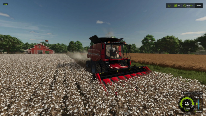 fs25-mods, Farming Simulator 25 mod: Cotton harvesting using a red unrealistically modified combine harvester in a cotton field.