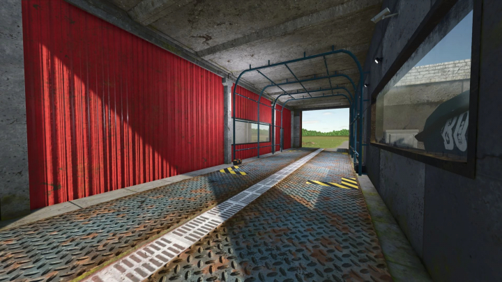 fs25-mods,  Farming Simulator 25 mod: Vehicle Service Building v1.0.0.0, a detailed vehicle maintenance area with red wall, metal floor, and outdoor landscape.