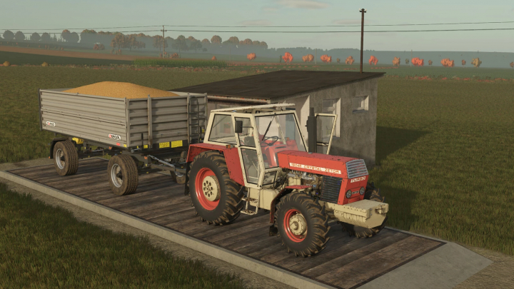 fs25-mods,  Farming Simulator 25 mod: Weighing Station PGR v1.0.0.0 with a red tractor and trailer on a weighbridge near a small building.