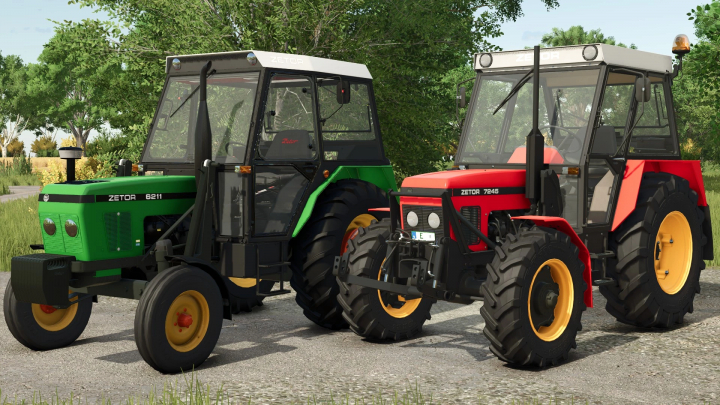 fs25-mods,  Two Zetor tractors from FS25 mods, one green Zetor 6211 and one red Zetor 7245, parked on a farm with trees in the background.