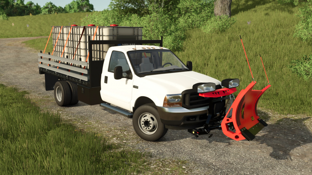 FS25 mod: White pickup truck with a snow plow attached, used for snow removal in Farming Simulator 25.