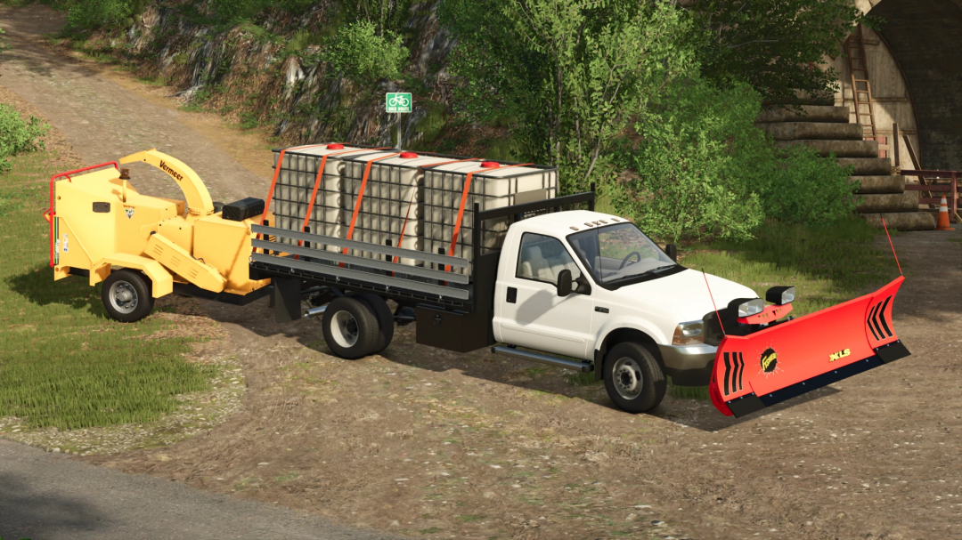 Farming Simulator 25 mod featuring a white pickup truck with a snow plow blade and a yellow wood chipper attached, used for farming and snow removal.