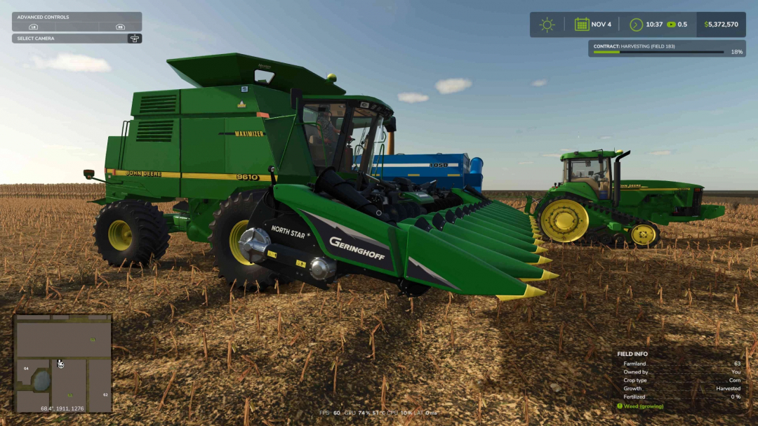 Farming Simulator 25 mod screenshot featuring a John Deere 9610 combine harvester with corn harvesting equipment on a farm field.