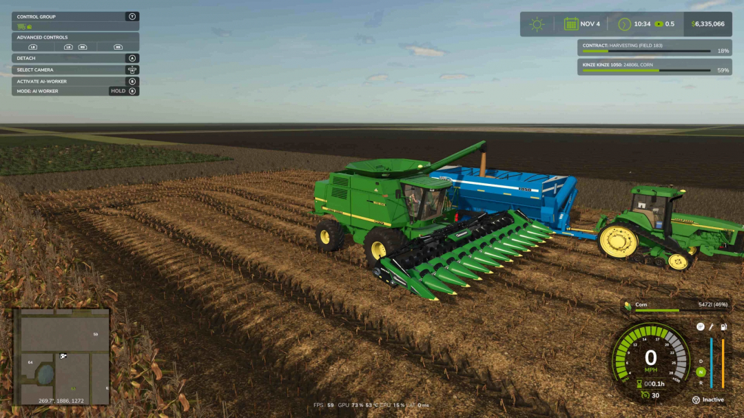 Farming Simulator 25 mod: John Deere 9610 harvesting corn with advanced machinery and equipment in a realistic field setting.