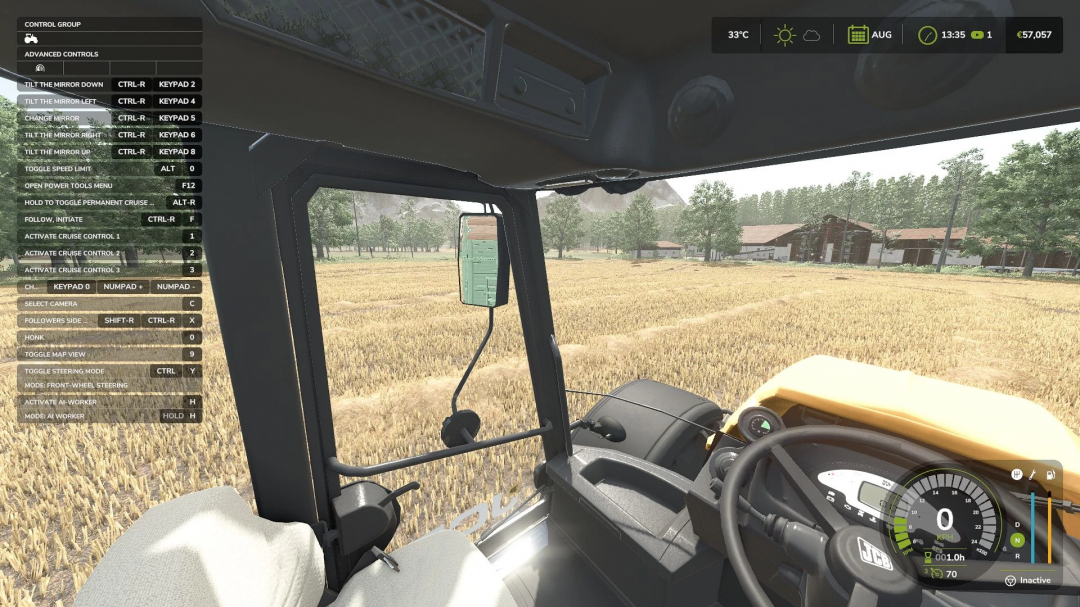 Farming Simulator 25 mod showing the interior of a tractor with adjustable mirrors, part of FS25 mods collection.