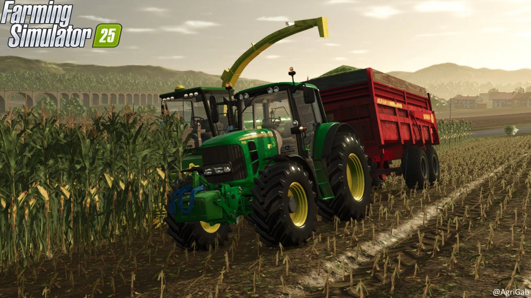 Farming Simulator 25 mod featuring the Agram BigBen 13T Beta 3 attached to a green tractor harvesting a cornfield with sunset lighting.