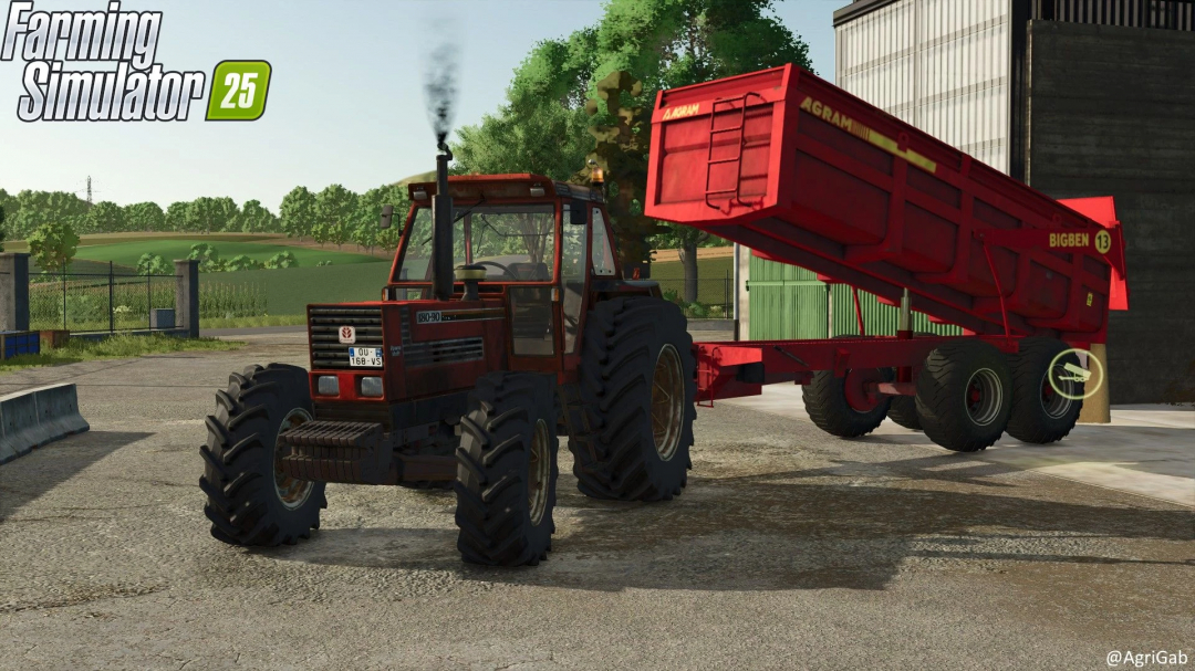 Farming Simulator 25 mod: Agram BigBen 13T Beta 3, red grain trailer attached to a tractor, used for farming in FS25.