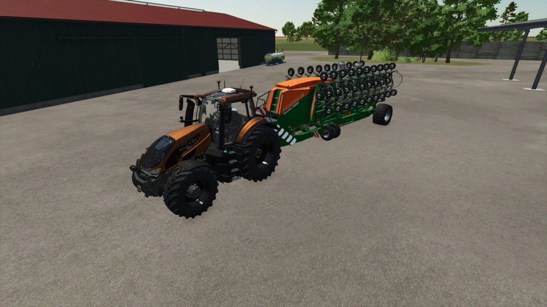 Farming Simulator 25 mod featuring the Amazone Condor 15001 planter attached to a tractor in a farmyard.