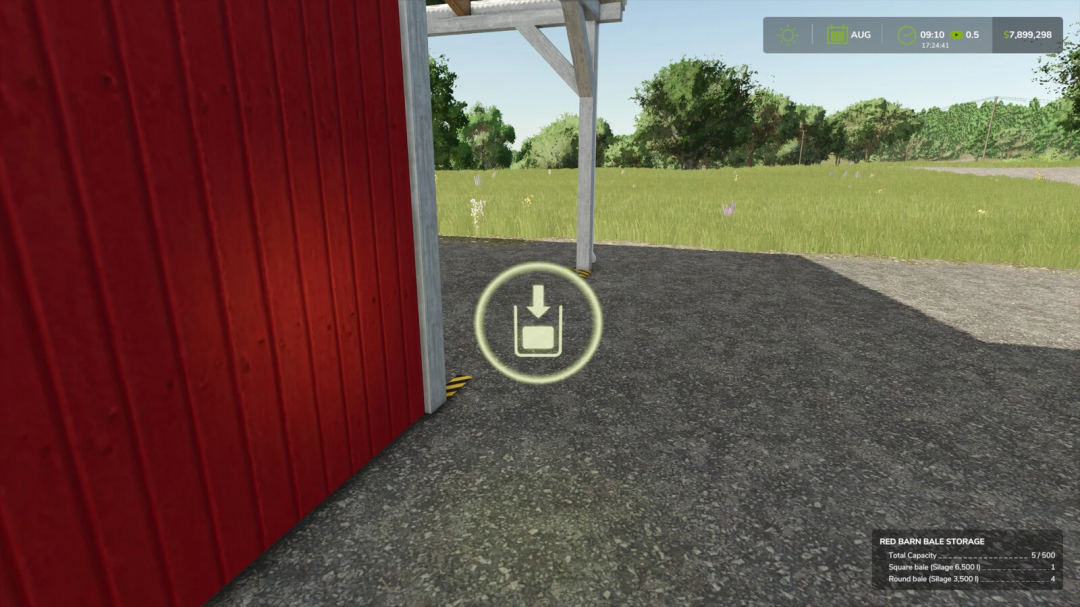Farming Simulator 25 mod: American Barn with Storage, featuring red wooden exterior near lush green fields.