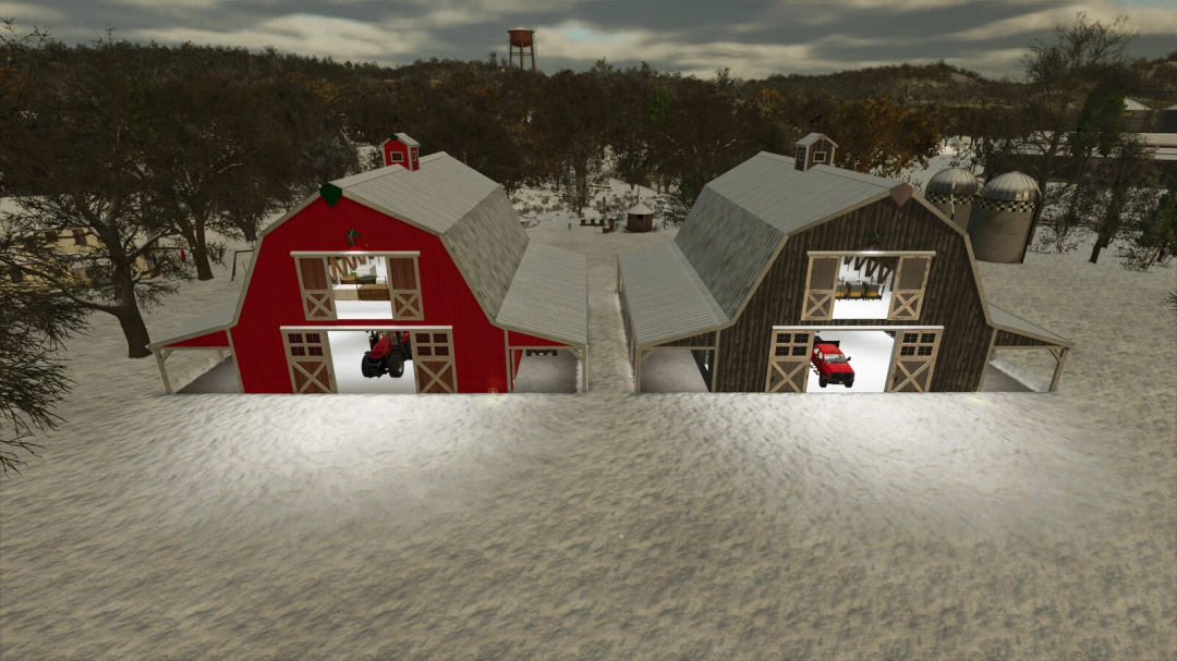 American barn with storage mod in Farming Simulator 25, featuring two large garages and a cozy upper loft, ideal for farm operations.